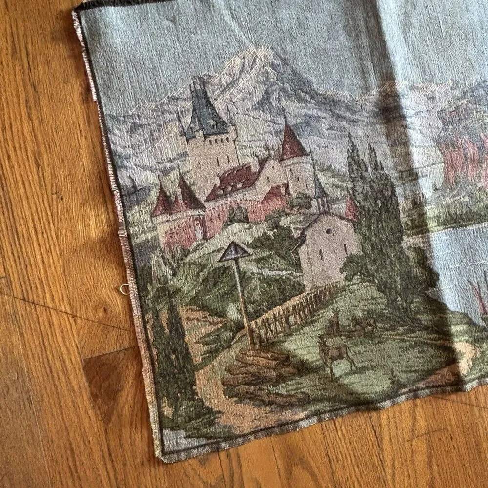 Vintage European Woven Tapestry Alpine Castle Mountain Lake Scenic Wall Art